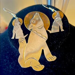Sterling 925 Signed Coyote Pin Brooch Earring Set
